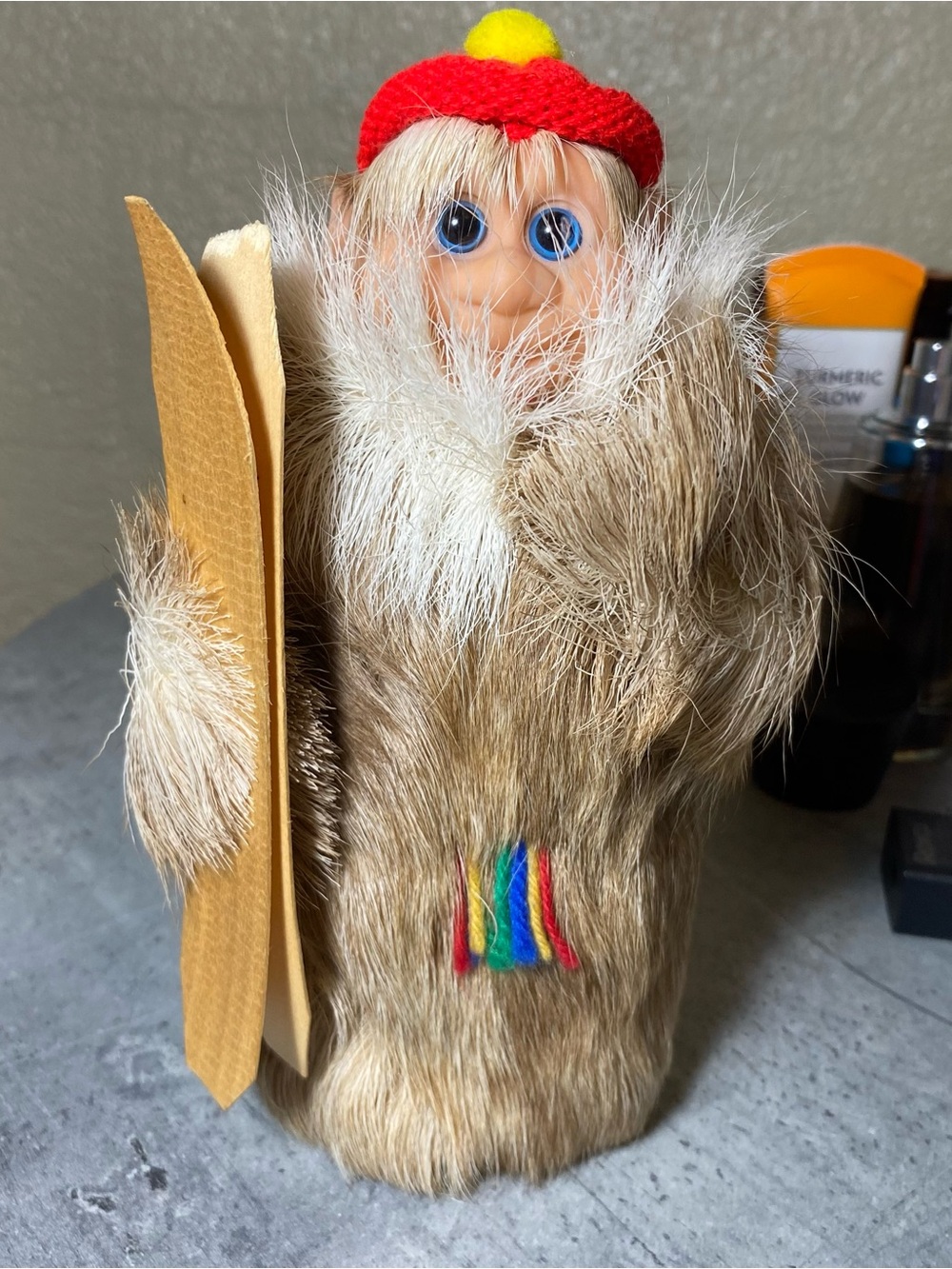 Plush Fur Ski Troll Toy with Red Hat and Rainbow Patch